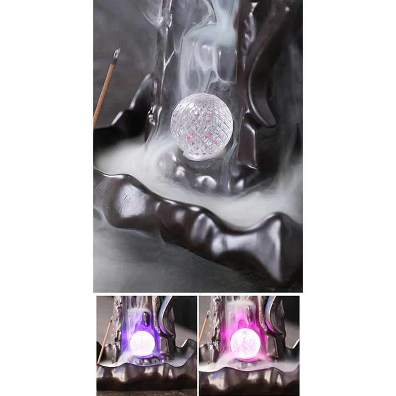 Buddha Stones Nordic Dragon Ceramic Backflow Smoke Fountain Meditation Healing Incense Burner Led Ball Decoration