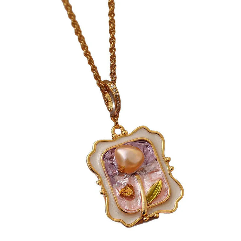Buddha Stones Flower Oil Painting Pearl Copper Healing Necklace Pendant