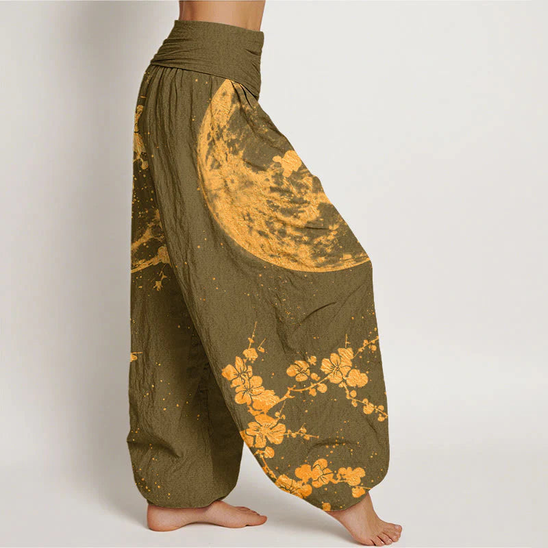 Buddha Stones Cotton Golden Plum Blossom Full Moon Pattern Women's Elastic Waist Harem Pants
