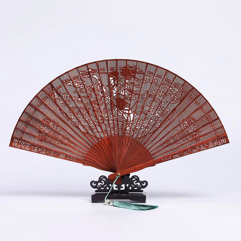 Buddha Stones Crane Peacock Chang'e Moon Engraved Pattern Handheld Small Leaf Red Sandalwood Folding Fan (Extra 30% Off | USE CODE: FS30)
