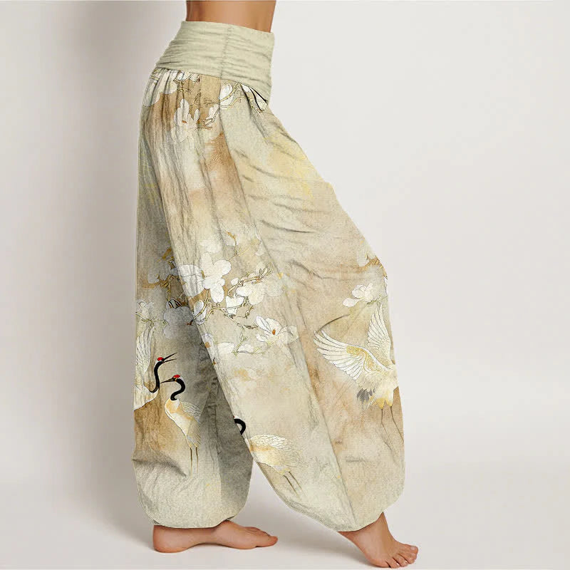 Buddha Stones Crane Blooming Flowers High Waist Women's Harem Pure Cotton Pants