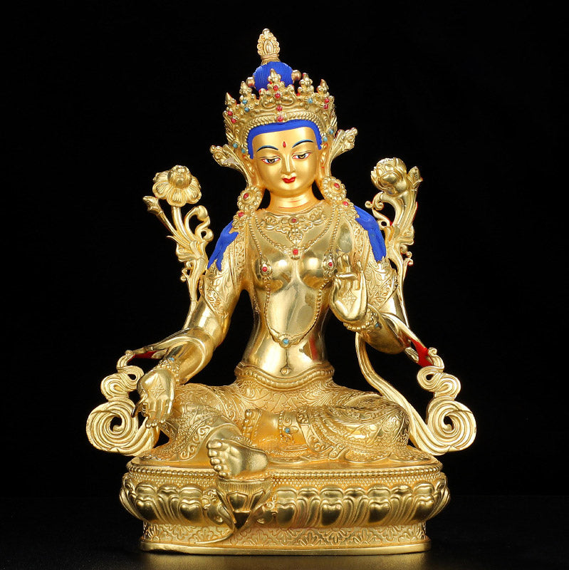 Buddha Stones Bodhisattva Green Tara Protection Copper Gold Plated Statue Decoration
