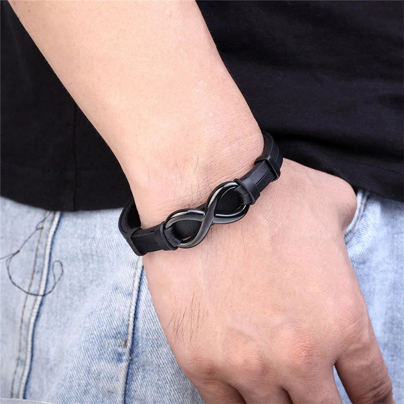 Buddha Stones Infinitely Design Titanium Steel Single Layer Leather Balance Bracelet