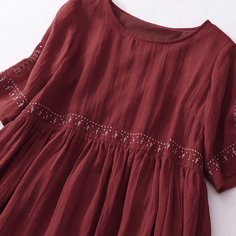 Buddha Stones Solid Color Embroidery Short Sleeve Cotton Midi Dress