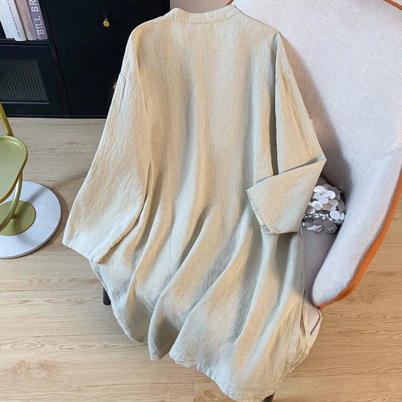 Buddha Stones Casual Women's Plain Frog-Button Stand Collar Design Long Sleeve Shirt