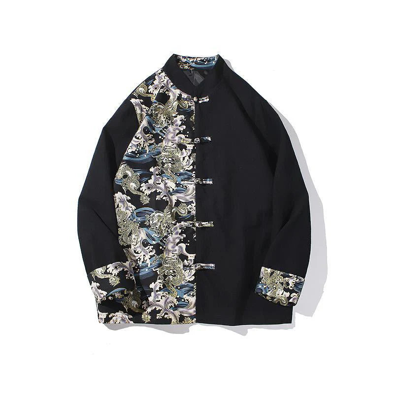 Buddha Stones Printed Color Contrast Dragon Pattern Frog-button Long Sleeve Men's Cotton Jacket