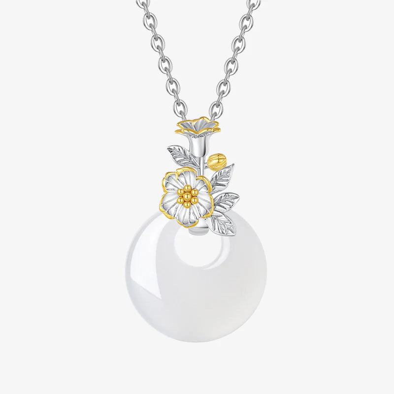 Buddha Stones 925 Sterling Silver Round Chalcedony Twelve Months Flower Harmony Necklace Pendant