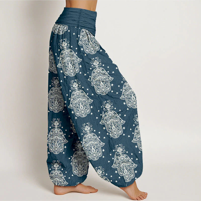Buddha Stones Cotton Neatly Arranged Hamsa's Hand Pattern Women's Elastic Waist Harem Pants