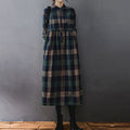 Buddha Stones Commute Patchwork Color Plaid Long Sleeve Cotton Midi Dress