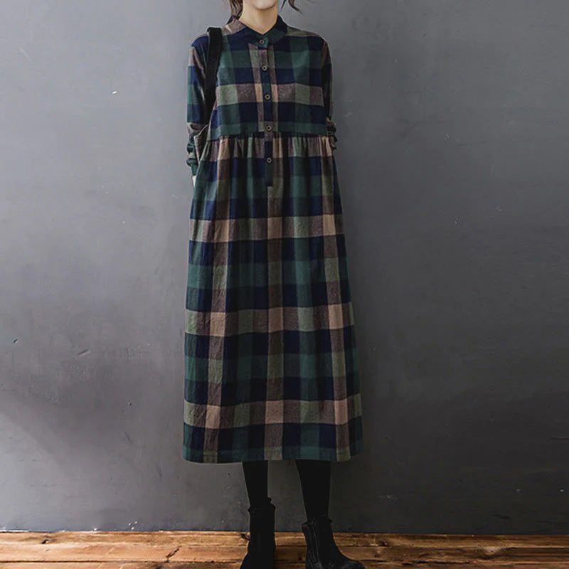Buddha Stones Commute Patchwork Color Plaid Long Sleeve Cotton Midi Dress