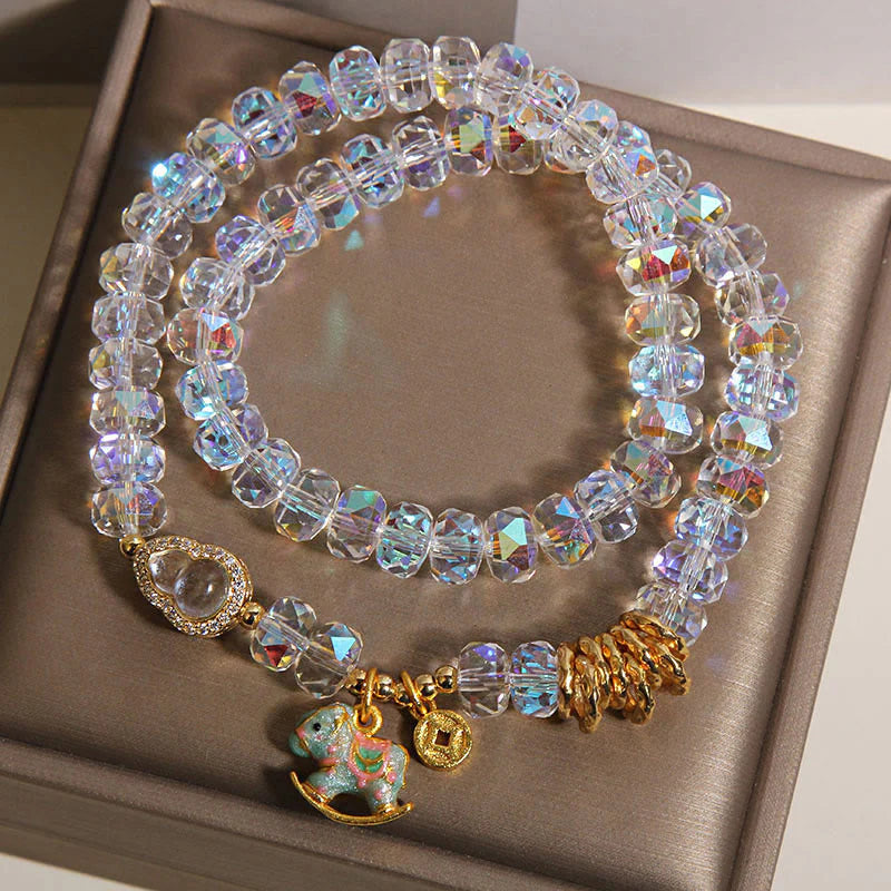 Buddha Stones Chinese Zodiac Year Of The Horse Crystal Glass Copper Coin Gourd Double Wrap Bracelet