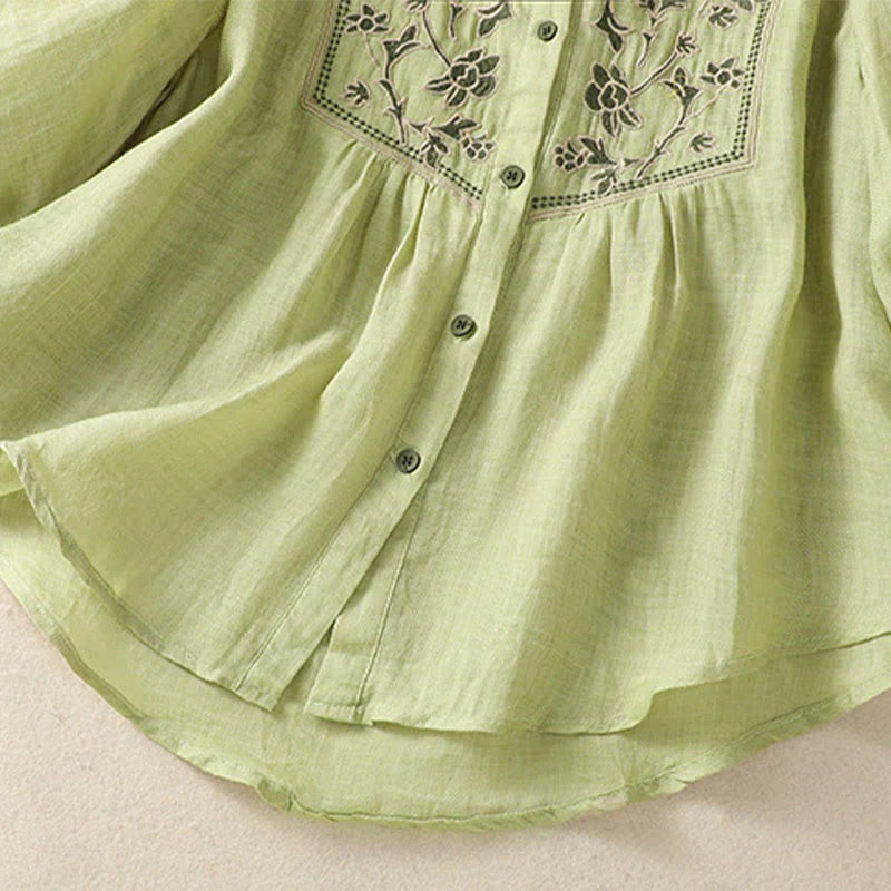 Buddha Stones Embroidery Single Breasted Women's Cotton Linen Three Quarter Sleeve Shirt