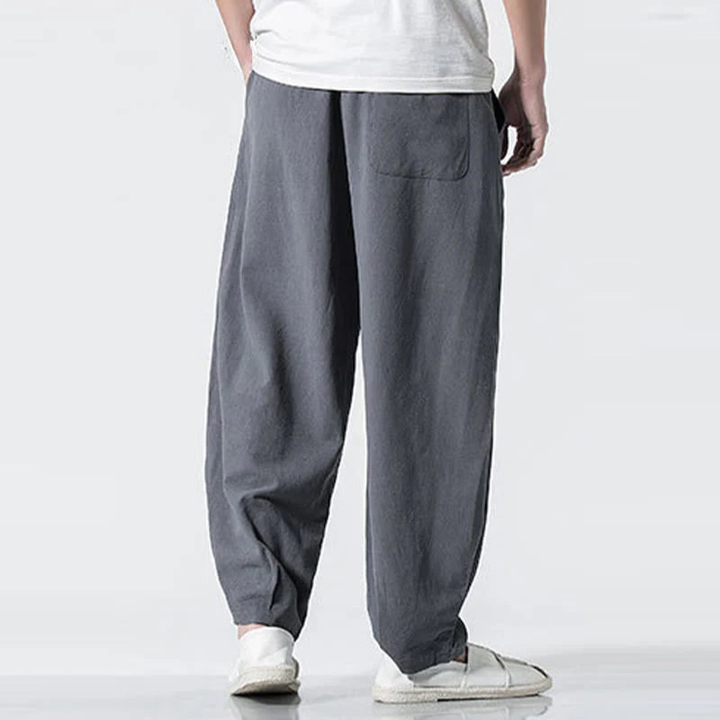 Buddha Stones Drawstring Elastic Waist Ankle-Length Men's Cotton Pants With Pockets