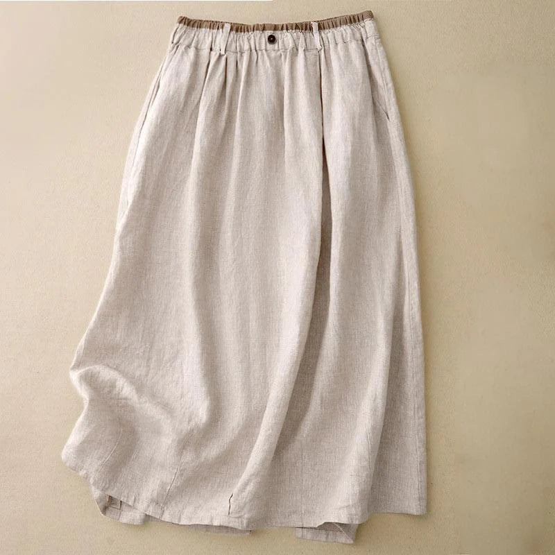 Buddha Stones Vintage Casual Plain Side Slit Elastic Waist Cotton Linen Women's Skirt With Pockets