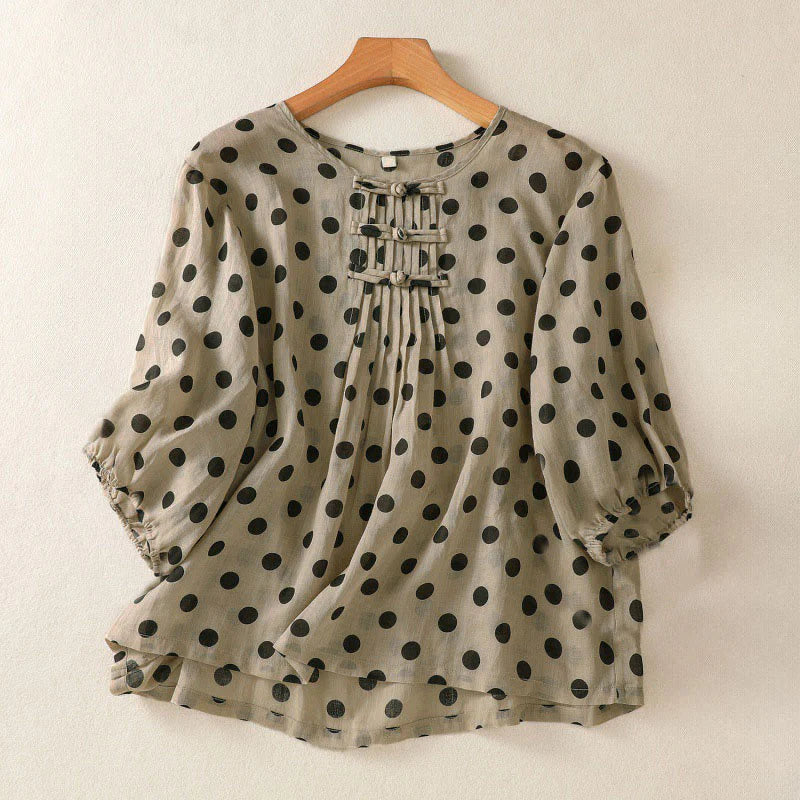 Buddha Stones Fall Round Neck Polka Dots Long Sleeve Women's Polyester Shirt