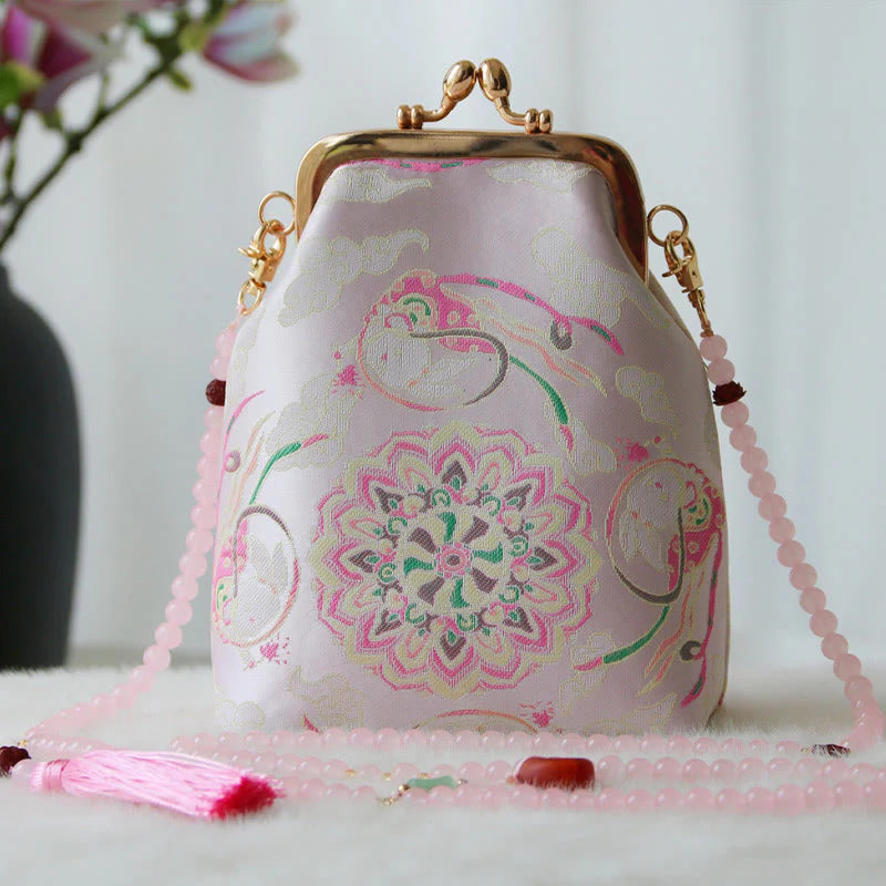 Buddha Stones Retro Chinese Embroidery Pearl Chain Crossbody Bag Shoudler Bag