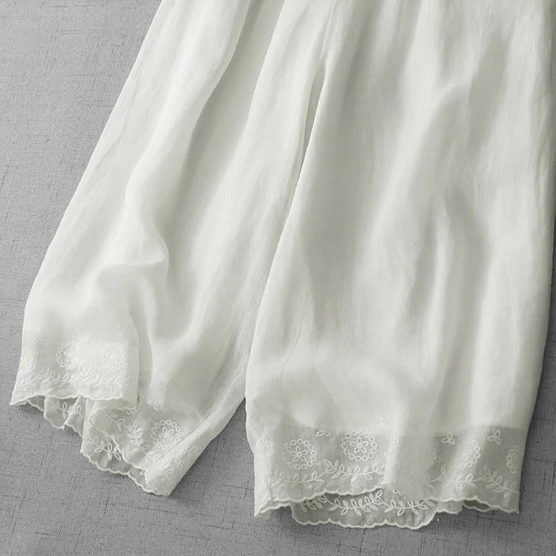Buddha Stones Commute Solid Color Lace Embroidery Design Cotton Women's Wide Leg Cropped Pants With Pockets