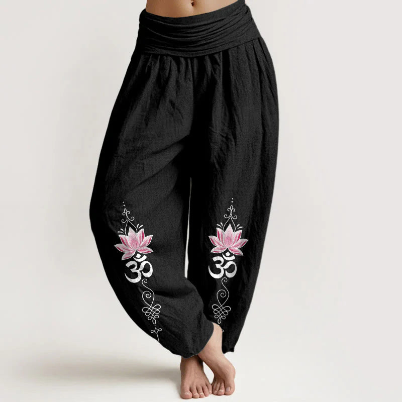 Buddha Stones Cotton OM Sanskrit Design Lotus Flower Pattern Women's Elastic Waist Harem Pants