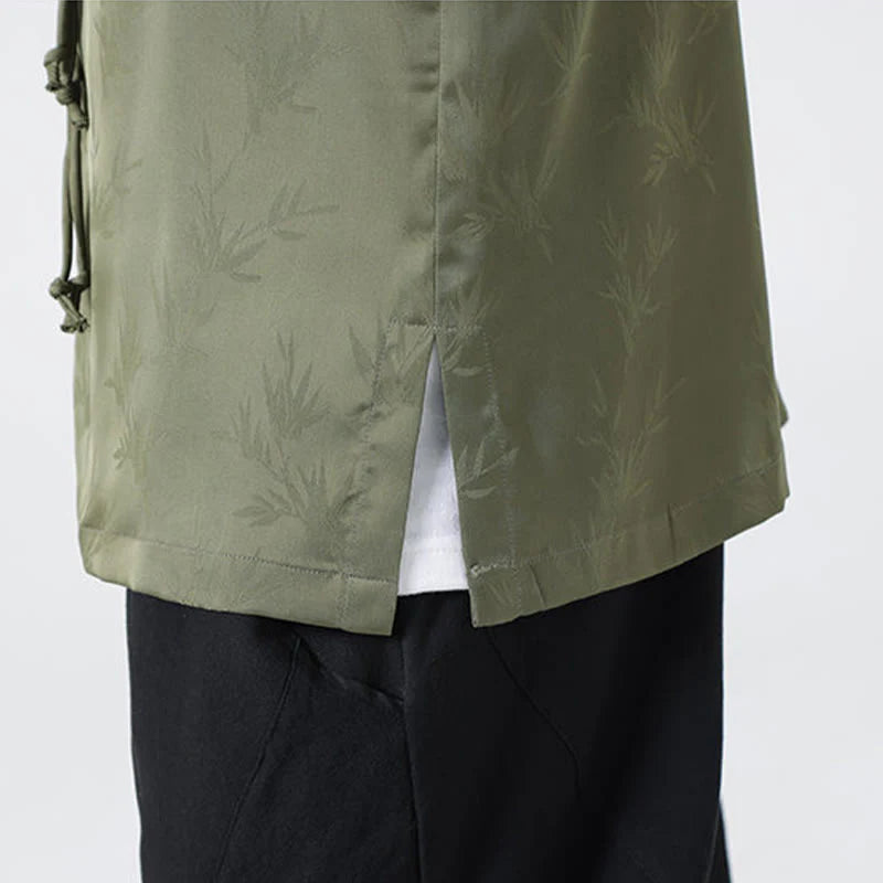 Buddha Stones Spring Jacquard Bamboo Leaves Pattern Chinese Frog-Button Design Men's Long Sleeve Shirt