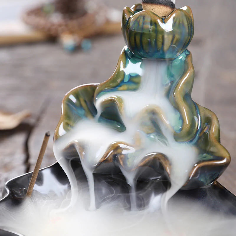 Buddha Stones Lotus Leaf Koi Fish Ceramic Backflow Smoke Fountain Peace Incense Burner Decoration