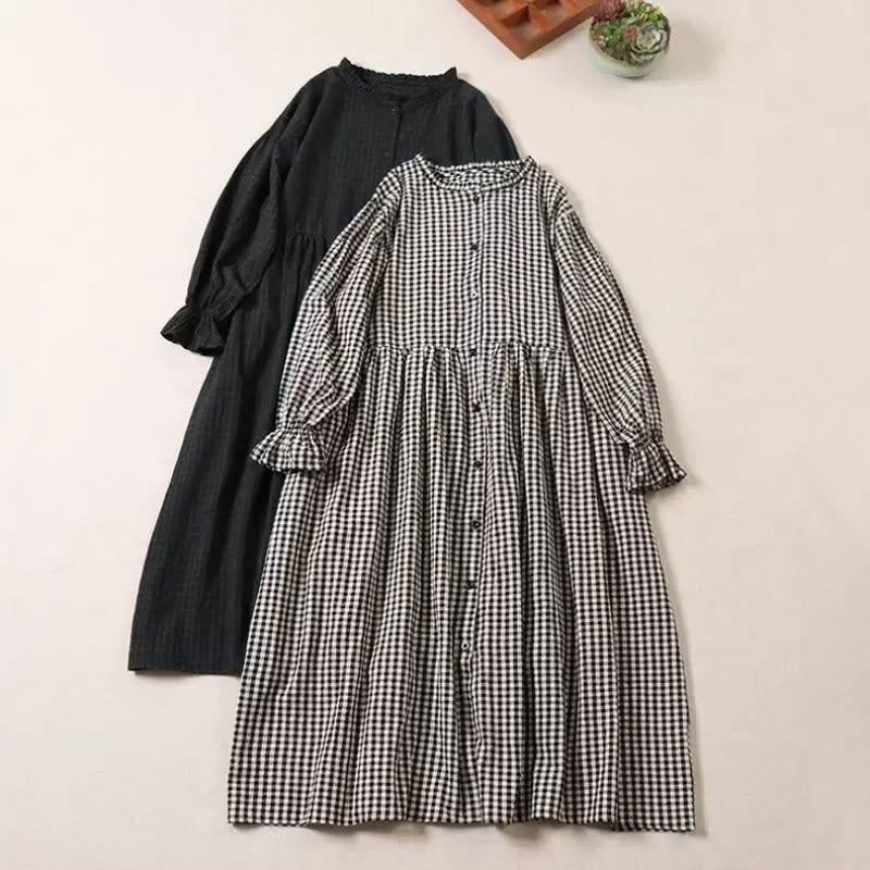 Buddha Stones Long Sleeve Plaid Simple Buttons Ruffled Design Midi Dress With Pockets