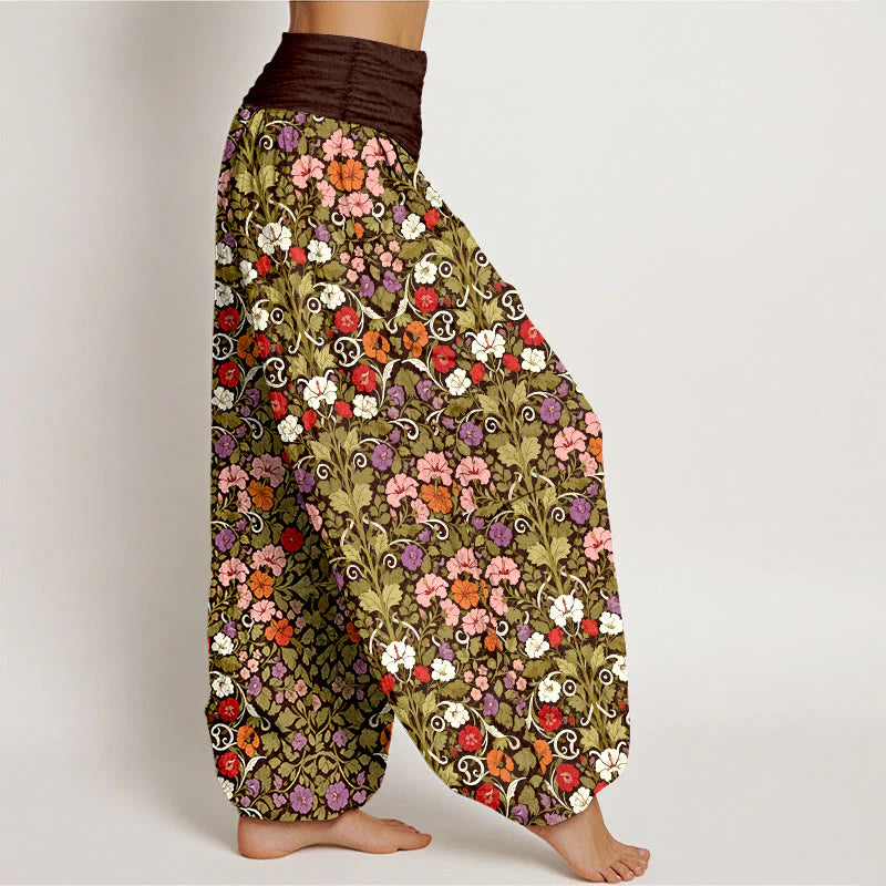 Buddha Stones Cotton Softly Colored Flower Leaf Pattern Women's Elastic Waist Harem Pants