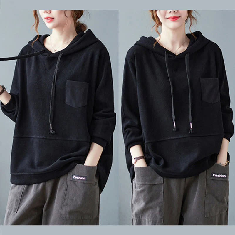 Buddha Stones Fall Solid Color Decorative Pocket Cotton Long Sleeve Women's Hoodie