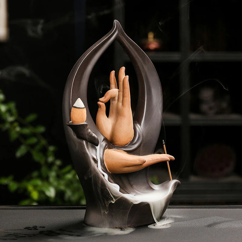Buddha Stones Stairs Mountains Water Buddha Hand Ceramic Backflow Smoke Fountain Meditation Incense Burner Decoration