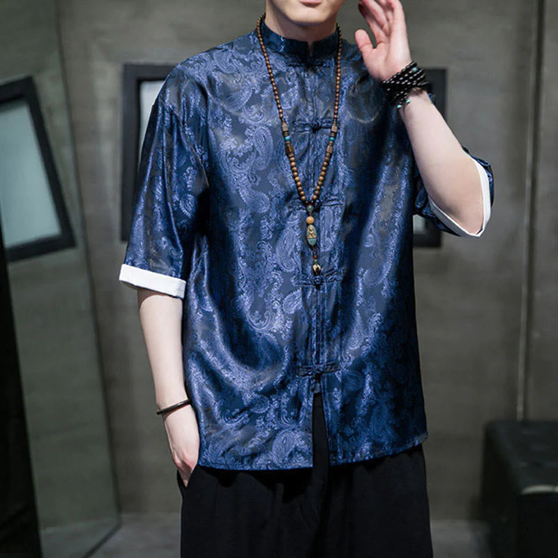 Buddha Stones Summer Cashew Flowers Pattern Men's Frog-Button Half Sleeve Shirts
