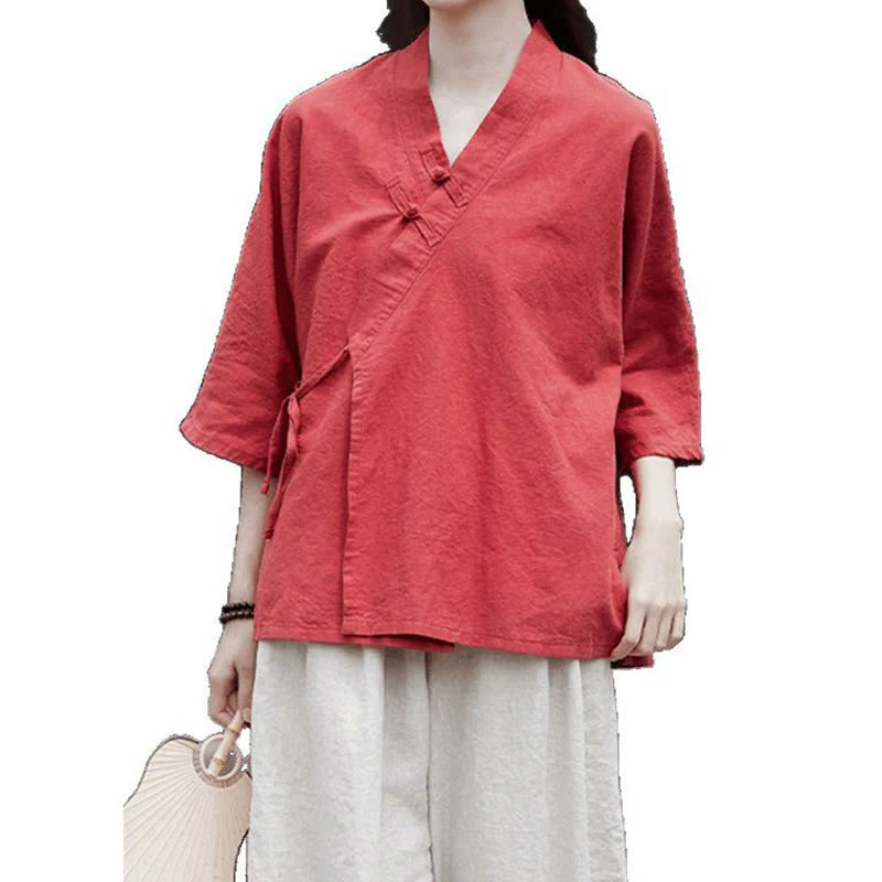 Buddha Stones Vintage  Zen Pure Color Lace Up Side Patchwork Design Women's Cotton Linen Half Sleeve Shirt Cardigan