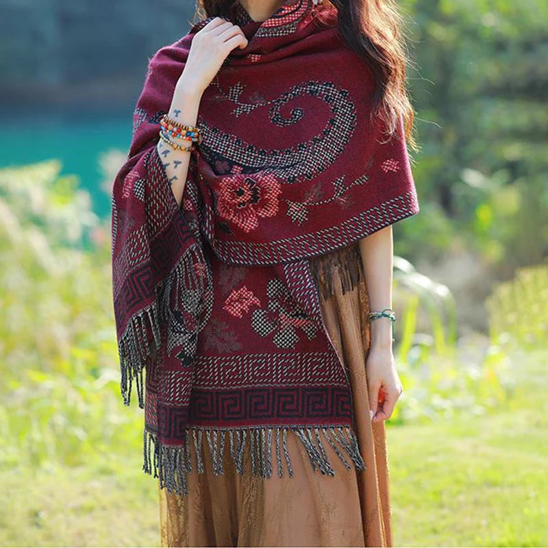 Buddha Stones Tibetan Flowers Leaves Pattern Design Shawl Cozy Travel Scarf Wrap