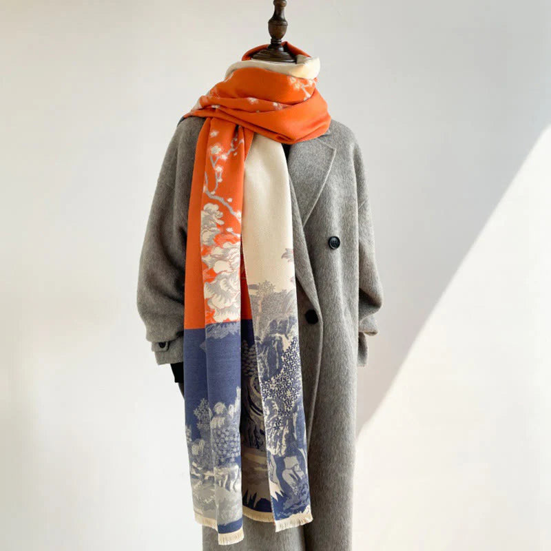 Buddha Stones Fall Flowers Trees Pavilion Pattern Cozy Scarf Shawl