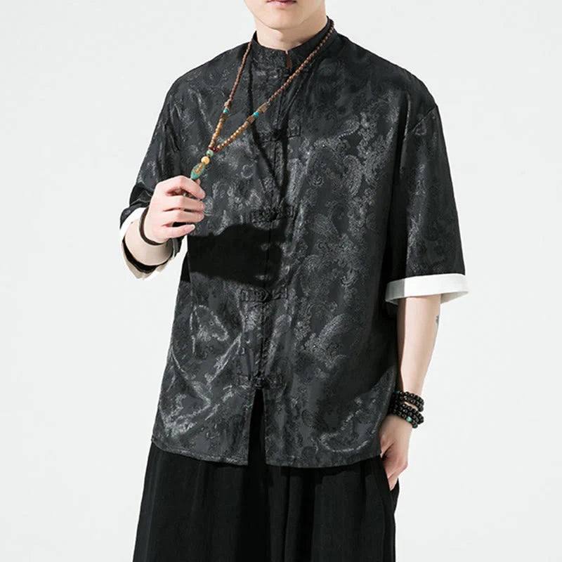 Buddha Stones Summer Cashew Flowers Pattern Men's Frog-Button Half Sleeve Shirts