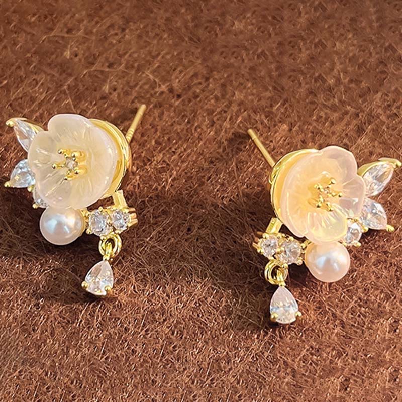 Buddha Stones White Rose Flower Zircon Copper Luck Clip-on Stud Earrings