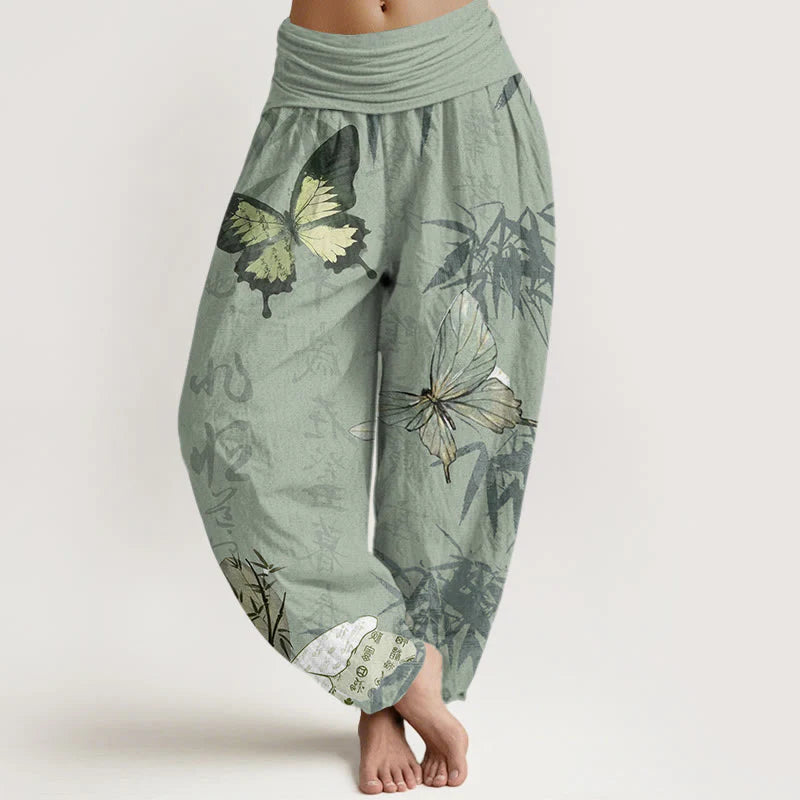 Buddha Stones Cotton Butterfly Bamboo Leaves Chinese Characters Pattern Women's Elastic Waist Harem Pants