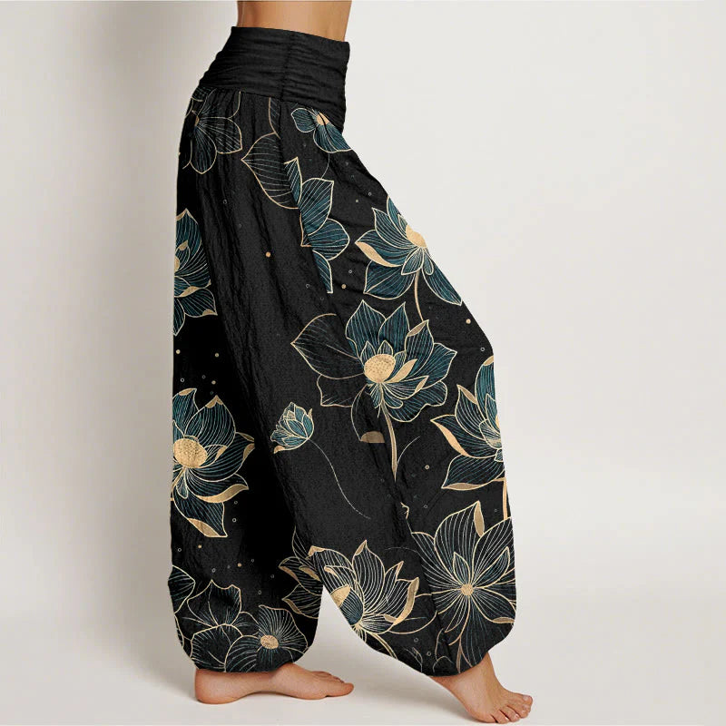 Buddha Stones Pure Cotton Delicate Lotus Pattern Women's Elastic Waist Harem Pants