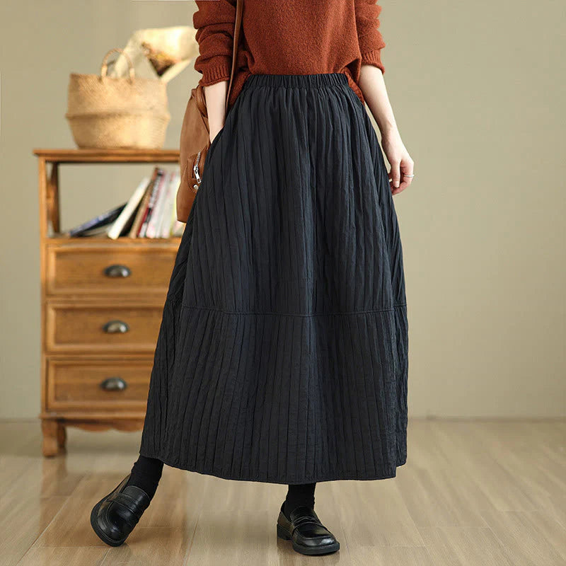 Buddha Stones Plain Pleats Design Elastic Waist Women's Thermal Skirt With Pockets