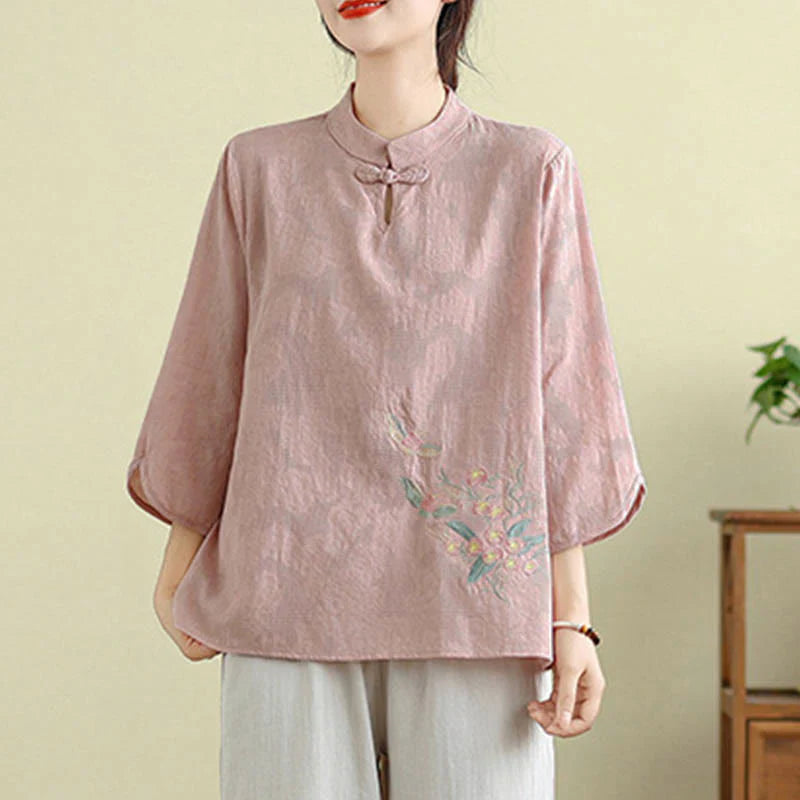 Buddha Stones Flower Embroidery Three Quarter Sleeve One Frog-Button Mandarin Collar Cotton Women's Shirt