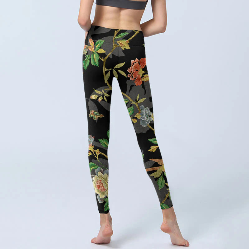 Buddha Stones Classical Flower Leaf Butterfly Bird Pattern Print Gym Leggings Women's Yoga Pants