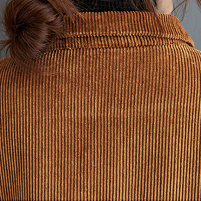Buddha Stones Plain Buttons Long Sleeve Women's Cotton Corduroy Fleece-Lined Coat With Pockets