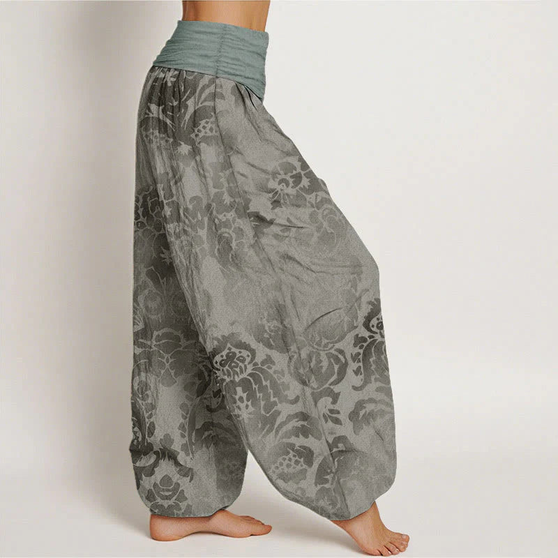 Buddha Stones Cotton Casual Flower Leaves Design Women's Elastic Waist Harem Pants