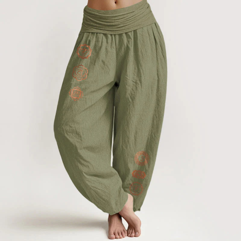 Buddha Stones Casual Chakra Symbol Pattern Pure Cotton Women's Elastic Waist Harem Pants