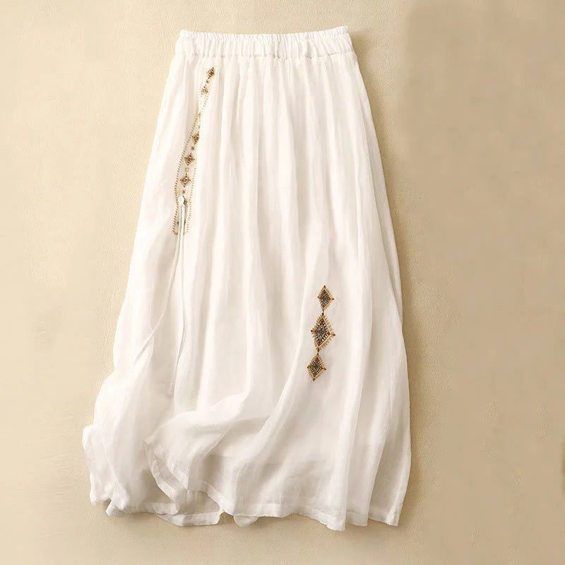 Buddha Stones Ethnic Vintage Embroidery Button Design Women's Cotton Linen 7-8 Length Skirt