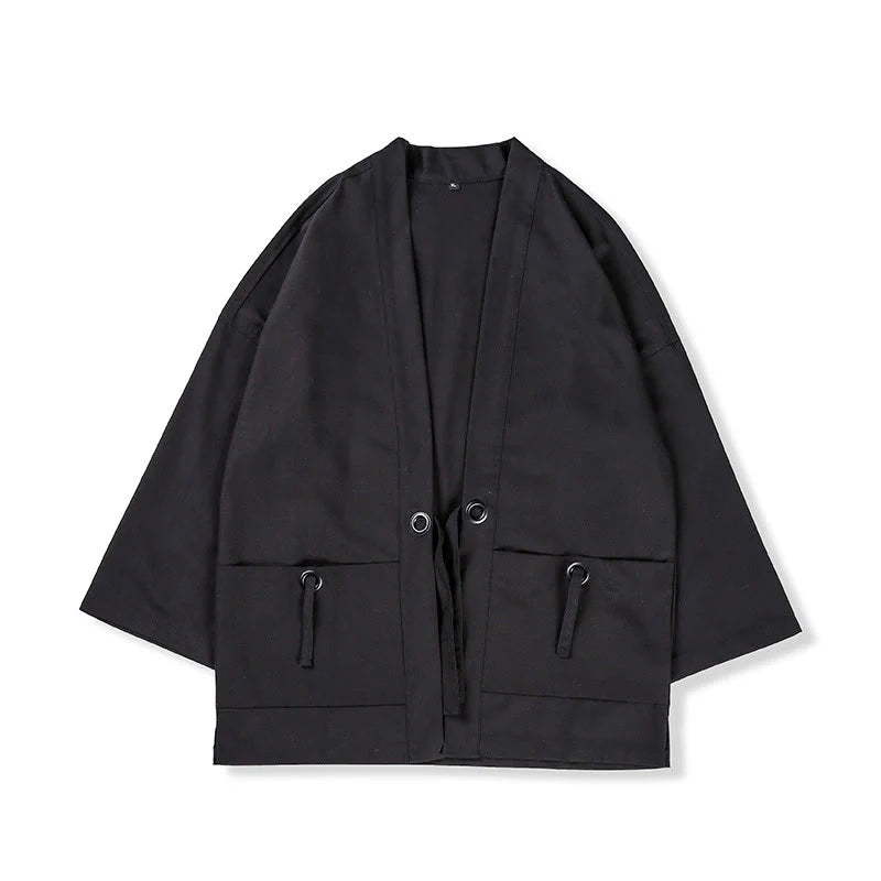 Buddha Stones Solid Color Lace-up Open Front Jacket Cotton Men's Kimono