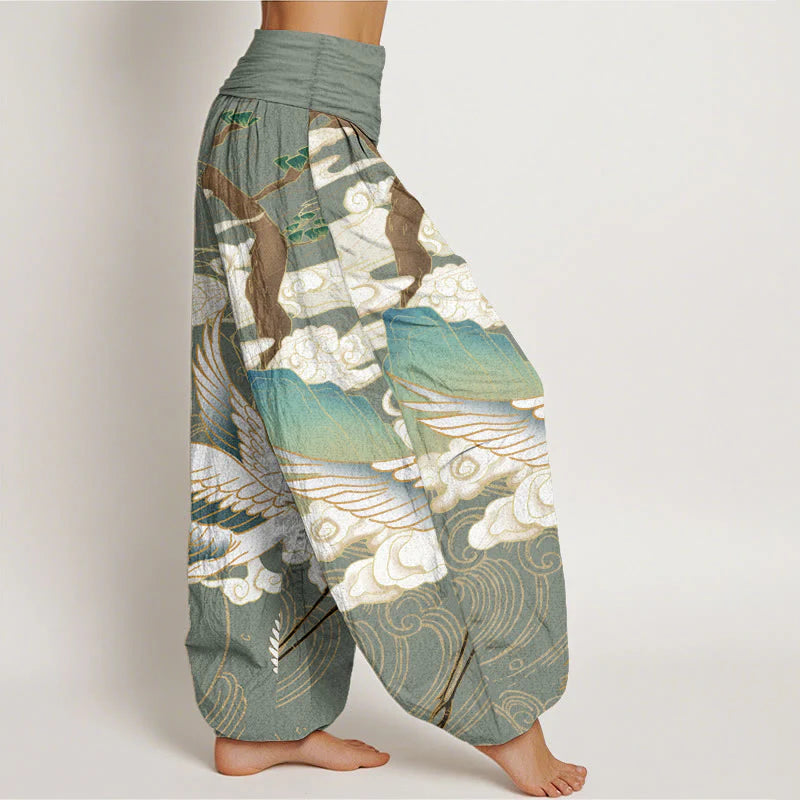Buddha Stones Pure Cotton Flying Cranes Auspicious Clouds TreeÂ women's Elastic Waist Harem Pants