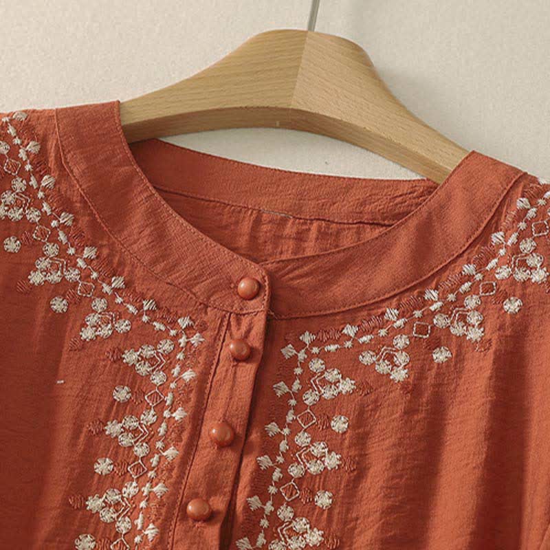 Buddha Stones Spring Embroidered Cotton Half Buttons Women's Short Sleeve Shirt