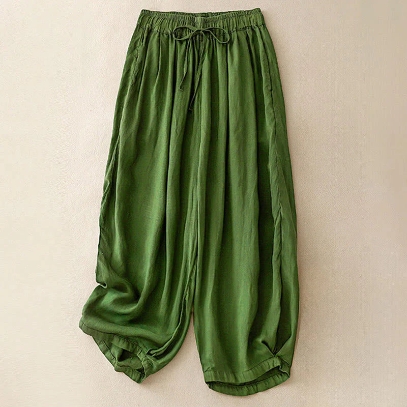 Buddha Stones Summer Elastic Waist Cotton Women's Capri Cropped Harem Pants With Pockets