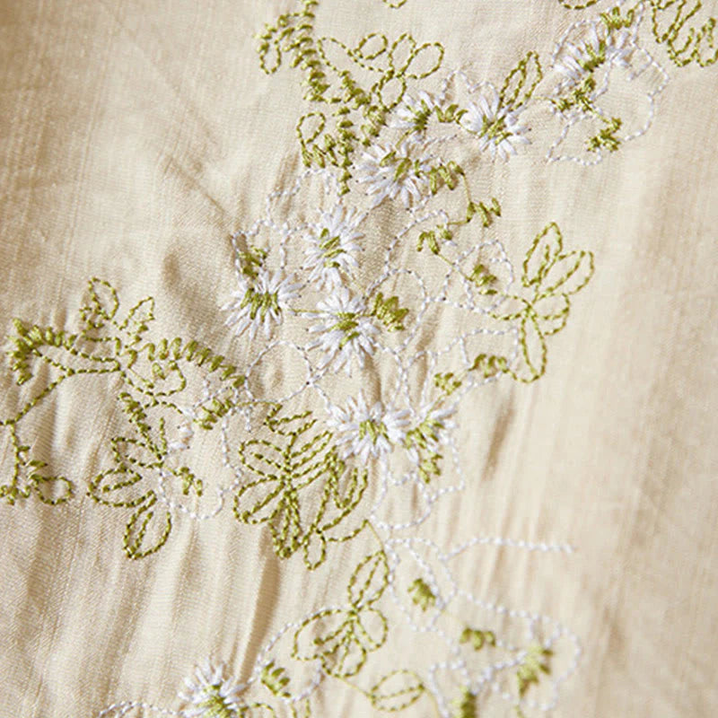 Buddha Stones Casual Women's Flowers Embroidery Pattern Frog-button Slanted Collar Design Three Quarter Sleeve Cotton Linen Shirt