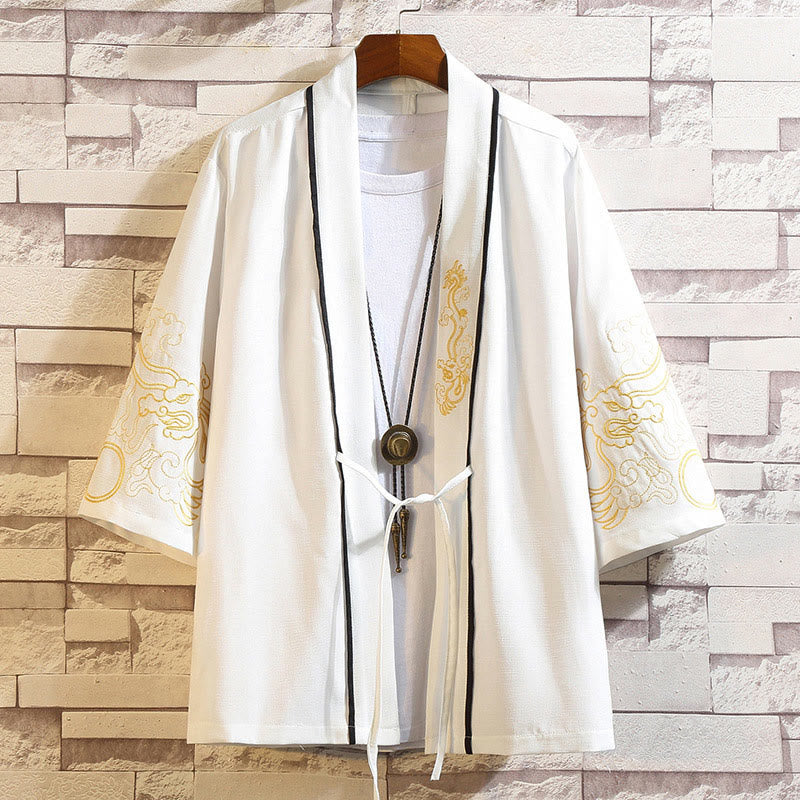 Buddha Stones Embroidery Dragon Phoenix Auspicious Cloud Waves Leaves Cranes Open Front Jacket Men's Kimono