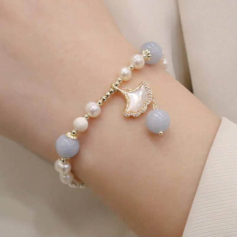 Buddha Stones Natural Aquamarine Pearl Healing Ginkgo Leaf Butterfly Charm Bracelet